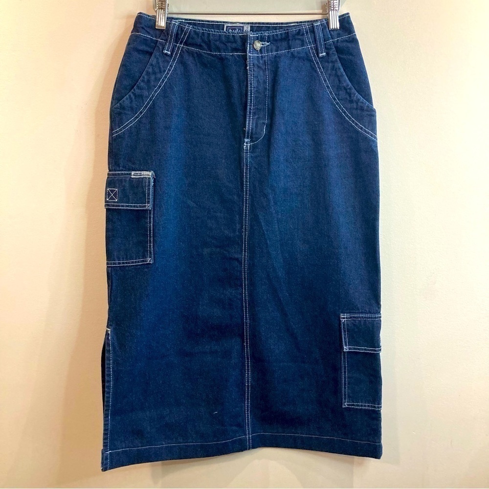 TWIK Sz 29 By Simmons Midi Length Multiple Pockets Cargo Style Denim Jeans Skirt